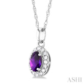 5x3 MM Oval Shape Amethyst and 1/20 Ctw Single Cut Diamond Halo Semi-Precious Pendant with Chain in 10K White Gold